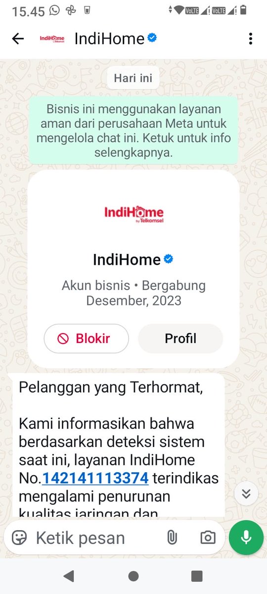 iseethelighttt's tweet photo. @Telkomsel Sore min, Ibu saya dispam nmr Ini. Ga lama ada WA dari Indihome gini pdhl ga pernah komplain apapun. Ibu posisi ga di rumah, trs "petugas" tsb minta nmr Indihome ke orang rumah lalu pergi. Penipuan bukan ya? https://t.co/6mwhE9OS57