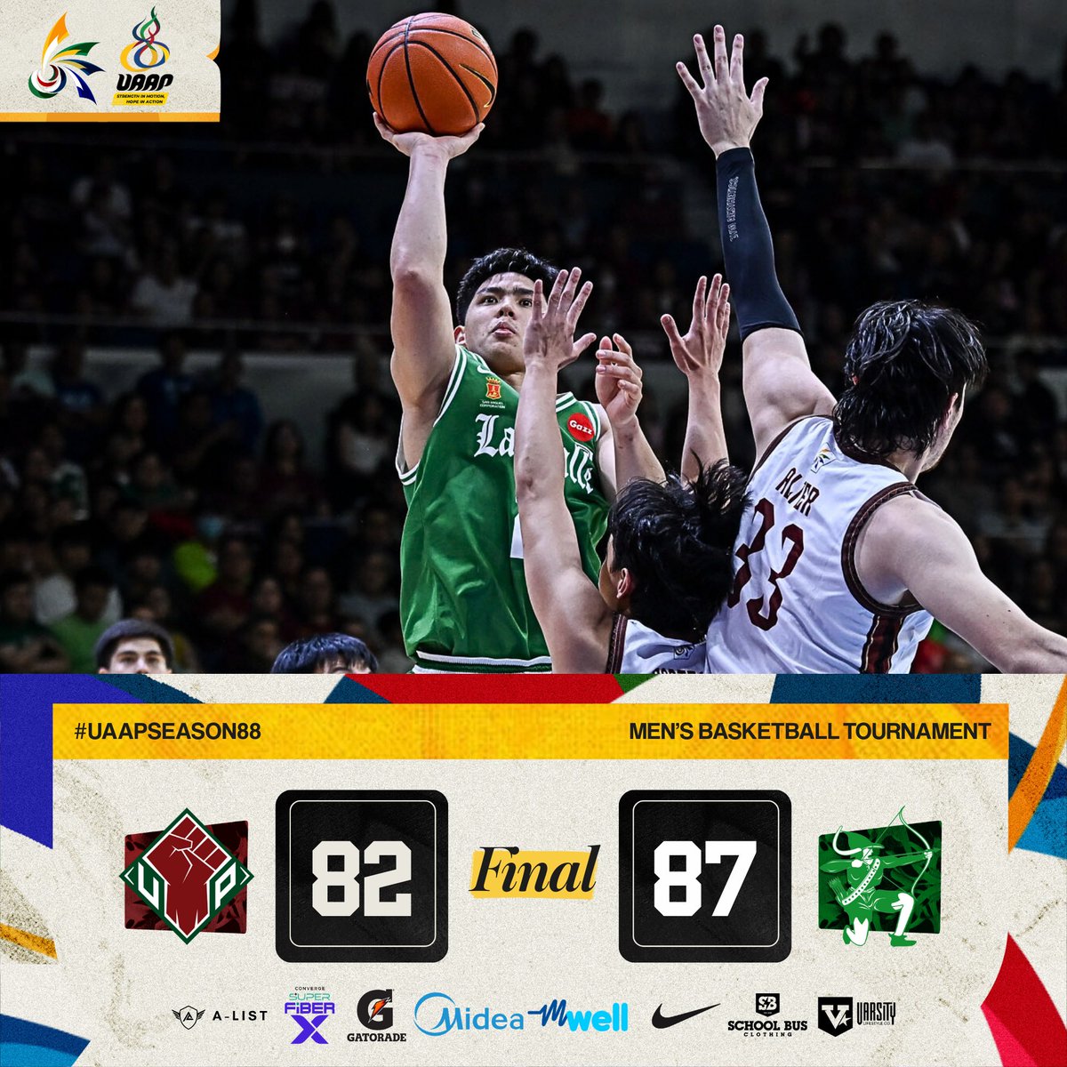 uaap_official's tweet photo. DLSU Green Archers d. UP Fighting Maroons, 87-82. 

#UAAPSeason88 
#StrengthInMotionHopeInAction https://t.co/yS6EiEJPOx