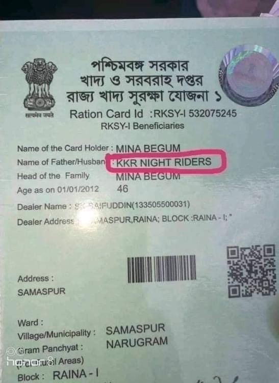 rishibagree's tweet image. Name : Mina Begum  
Father name - KKR Night Riders

Reason why Mamata opposing SIR in West Bengal