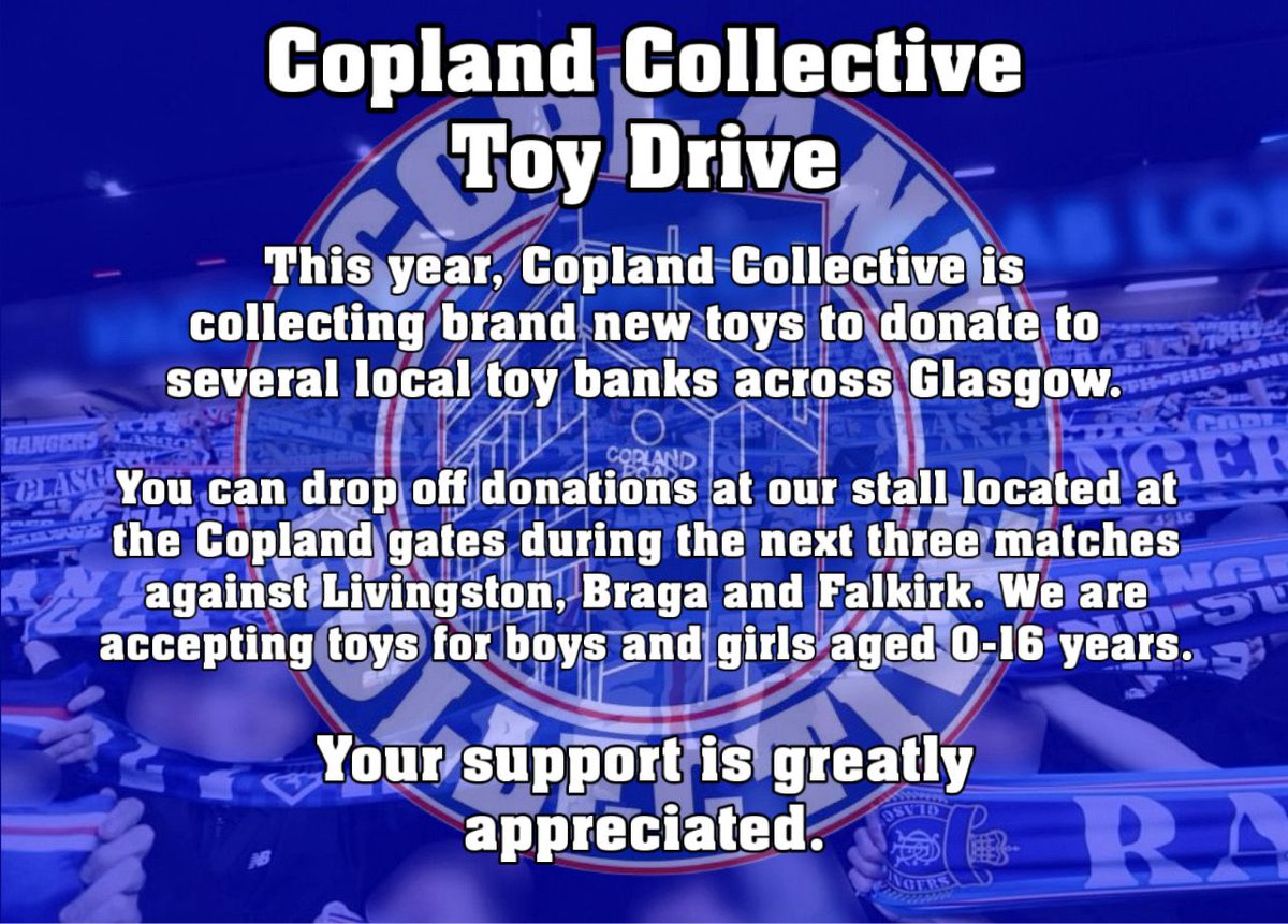Our Copland Collective Toy Drive starts today.

You can drop off a brand new toy at our stall by the Copland gates. We’re collecting for boys and girls aged 0–16, with all donations going to local toy banks across Glasgow.

Your generosity makes a real difference.