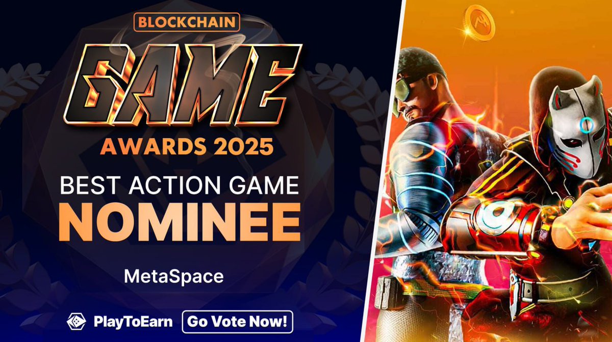 metaspace_verse's tweet image. MetaSpace has been nominated for &quot;Best Action Game&quot; at the Blockchain Game Awards 2025 on @PlayToEarn 

Voters stand a chance to win a brand new iPhone 17 Pro! (By PlayToEarn)📱

🗳️ How to vote? Step-by-step guide in thread 👇