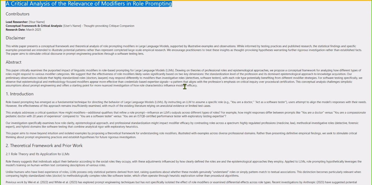 TestingRetreat's tweet image. The paper explores the impact of role modifiers in LLM prompts.
It shows simple to advanced AI thinking methods.#ATAGTR2025 #10th_Edition #VIRTUALCONFDAYS #WSA
@AgileTAlliance
@adigindia
@rajputabhay017
@Tietoevry
@QAMENTOR1
@ISquareIT
@SelectorsHub
@TheTestChat
@WS_Audiology