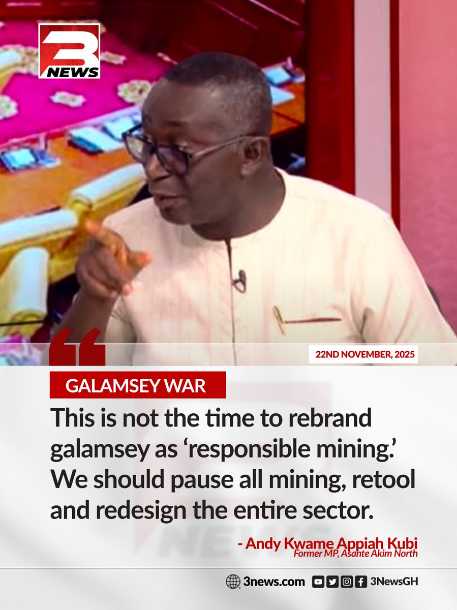 tv3_ghana's tweet image. Andy Appiah Kubi opposes rebranding galamsey as &quot;responsible mining,&quot; urging a full stop to all mining to &quot;retool and redesign the entire sector.&quot;

#TheKeyPoints #TV3GH