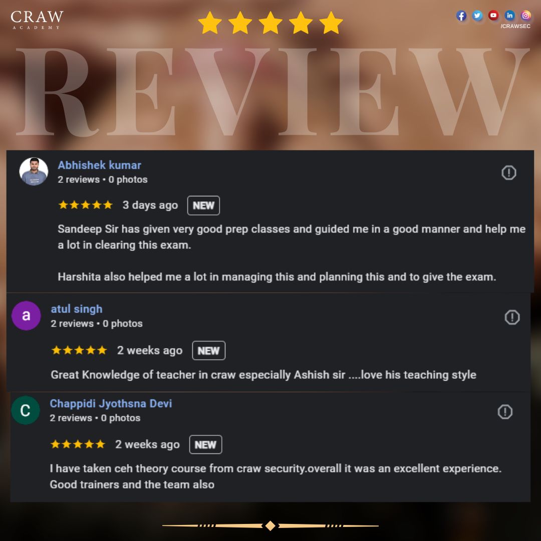 crawsec's tweet image. ⭐ Students Speak, We Deliver. ⭐
Expert mentors. Quality training. Real growth. 💻🔥
Start your cybersecurity journey today!
👉 Join Craw Security

#CrawSecurity #CyberSecurityTraining #EthicalHacking