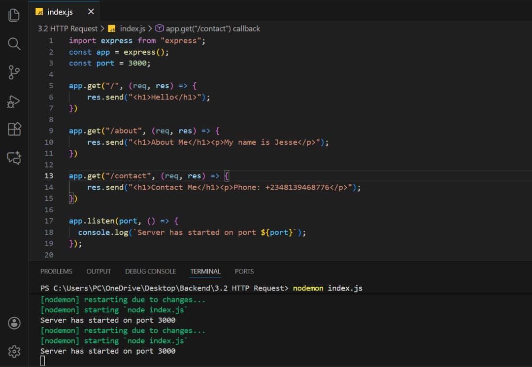 Dev_JesseMaduka's tweet image. Day 51 of #100DaysOfCode 🚀

Today I built my first Express server!
Learned how HTTP requests work (GET, POST, PUT, PATCH, DELETE) — and used GET to display my Home, About &amp;amp; Contact pages on localhost:3000.

Super excited to be learning backend! 🔥

#WebDev #NodeJS #Backend