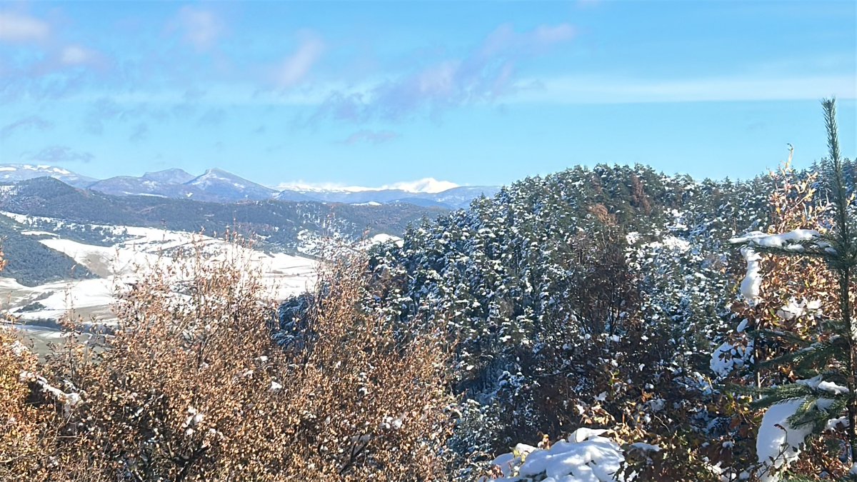 El Pirineo desde el Tangorri (845m), la nevada en este monte pasó de los 25-30cm, ahora ya se resiente con la subida de temperaturas y el sol. Cimas míticas desde aquí, Orhi (2017m), Peña Izaga (1360m), Anie (2504m) y Collarada (2883m). Desde hoy a últimas horas volverá la 🌧️