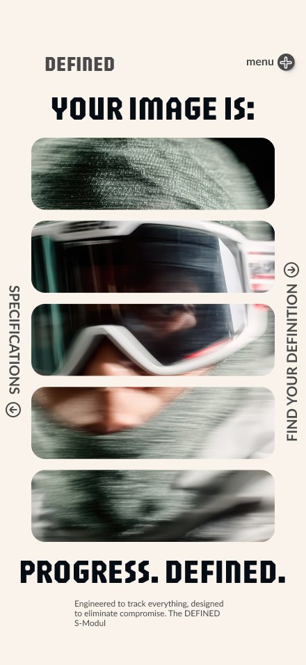 Rvoltedev's tweet image. Transitioning the DEFINED S-Modul visual concept to mobile. The vertical slicing of the desktop version translates naturally into a stacked, high-impact strip layout. This approach maintains the sense of speed and modularity while ensuring clean readability and focus on the image