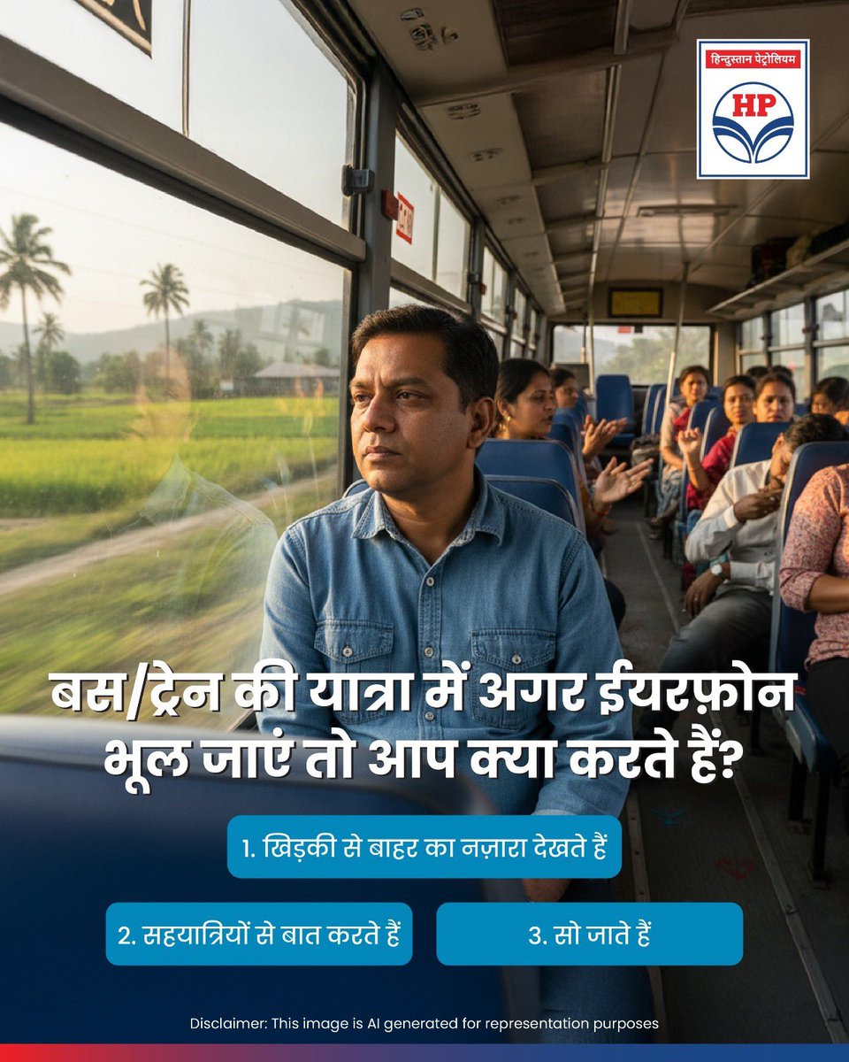 HPCL's tweet image. बस/ट्रेन में बिना ईयरफ़ोन सफ़र करने का अपना ही अनुभव है…
बताइये, आप समय कैसे बिताते हैं? 👇

खिड़की से बाहर का नज़ारा देखते हैं

सहयात्रियों से बात करते हैं

सो जाते हैं

#HPCL #DeliveringHappiness #TravelJourney