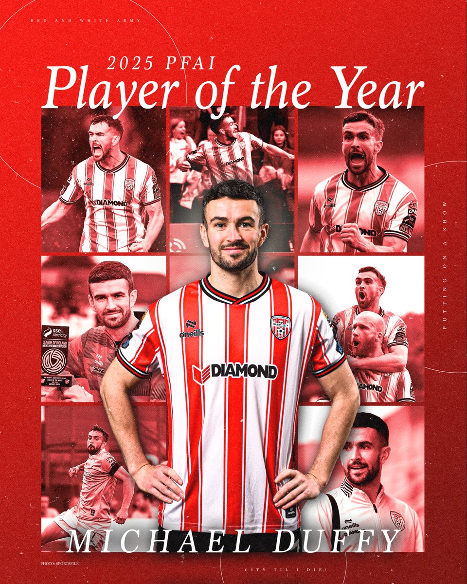 derrycityfc's tweet image. MICHAEL DUFFY! 👑

PFA Ireland Men’s Player of the Year 2025! 🔴⚪

Congratulations to City's #7 on this well deserved award after a phenomenal season in Red &amp;amp; White! 🐐