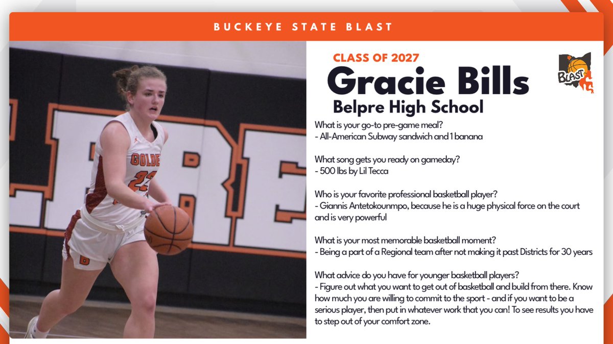 The_Blast_AAU's tweet photo. Our featured player in the Class of 2027 this week is Gracie Bills from Belpre High School! https://t.co/pOPflw0tHa