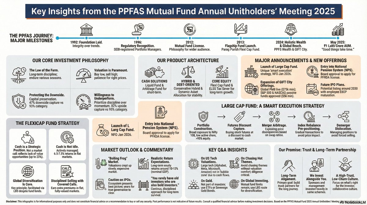 manan_0308's tweet image. Today wasParag Parikh Mutual Fund’s annual unitholders’ meet. 

I uploaded the livestream MP3 to @NotebookLM with a detailed prompt and the infographic it generated is INCREDIBLE.