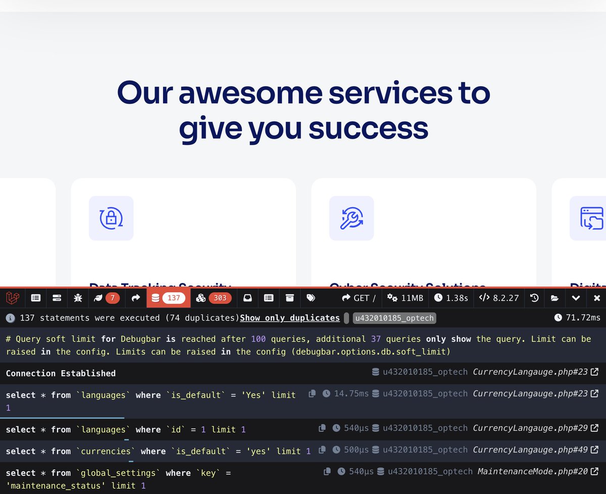 ScriptMint's tweet image. Just noticed the debugbar enabled on the homepage of an IT company. Wondering if it&apos;s really a good idea to have it visible publicly 😜 @laravelphp