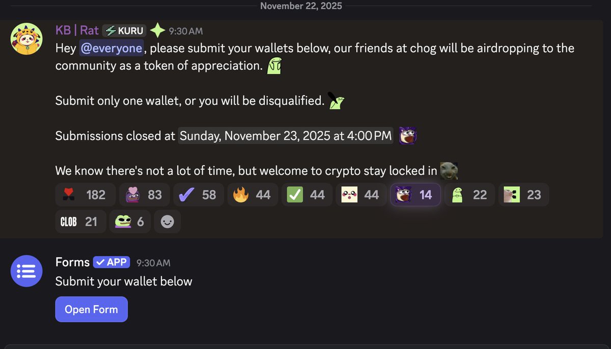 kryptobaby777's tweet photo. hey, if you are in the Kuru discord with certain roles, theres a wallet submission form for you to submit for a chog airdrop. 

CWO https://t.co/MKT31uW7KH