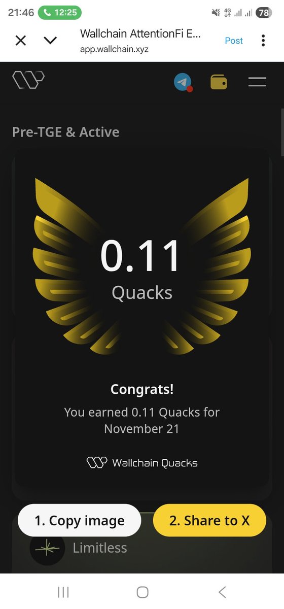 Web3_Core_'s tweet image. Just earned 0.11 Quacks from @wallchain AttentionFi 🦆

Small steps, real rewards every interaction counts in this Pre-TGE phase!
Wallchain keeps proving how attention can truly turn into value. 

#Wallchain #Quacks  #Defi