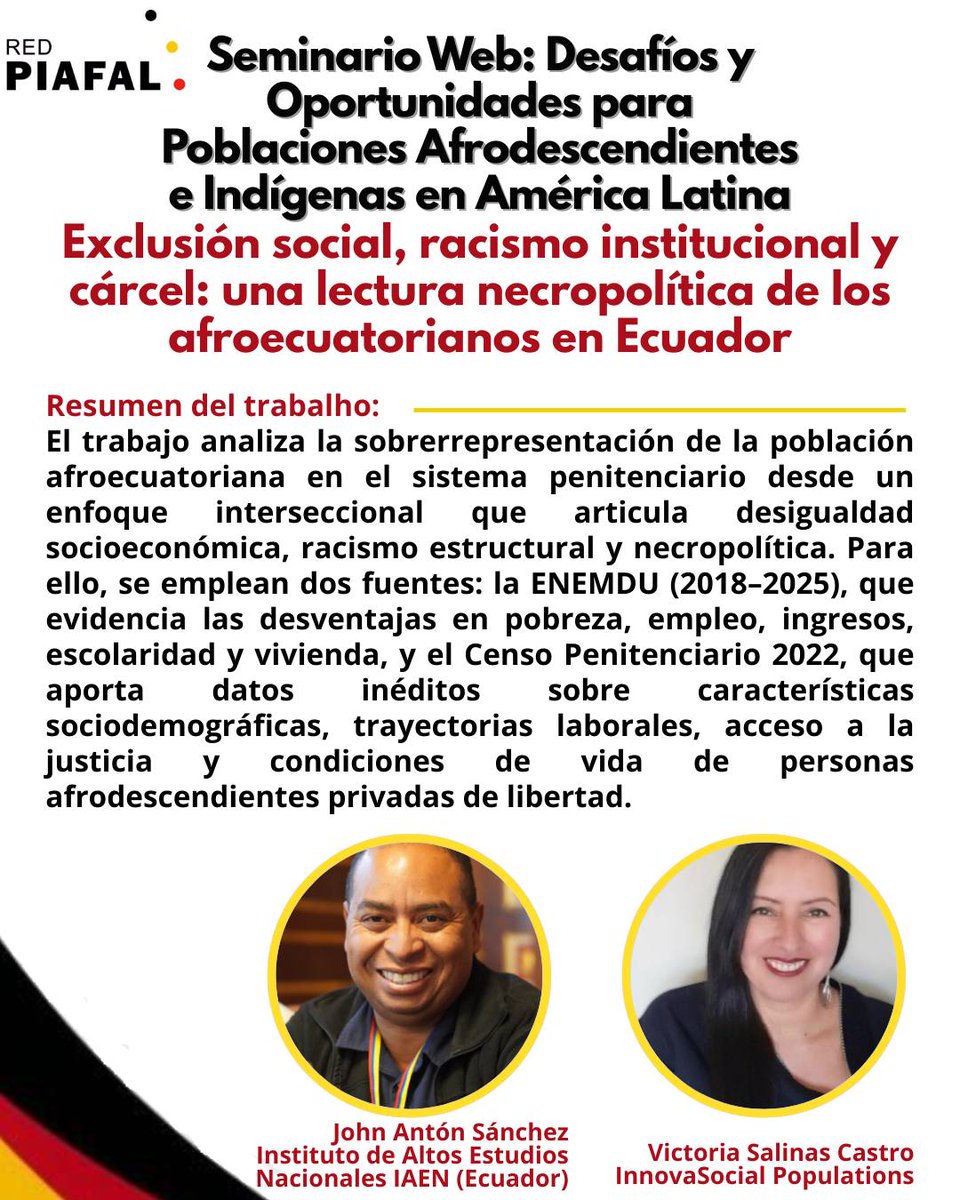 📢 ¡Se viene el seminario <a href="/AlapPiafal/">PIAFAL_ALAP</a> <a href="/ALAP_LA/">Asociación Latinoamericana de Población</a> !🌿🖤<a href="/imix3/">Johana Navarrete</a> <a href="/LuisSalson/">Luis Andrés Padilla</a> John Anton <a href="/RoseVicSal/">Victoria Salinas</a> 
📅 27/11 | 🕕 18h COL
Inscríbete y participa del diálogo sobre pueblos indígenas y afrodescendientes: forms.gle/NxWkkyiGW9aQub…