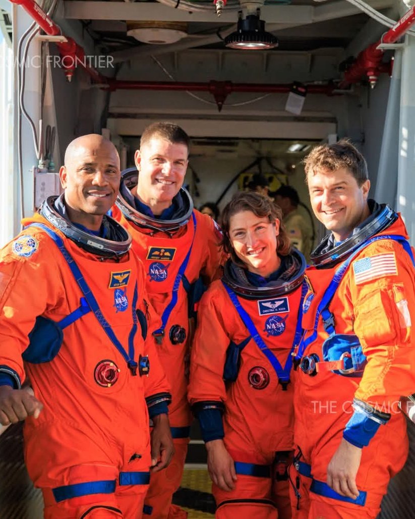 konstructivizm's tweet photo. A defining moment for humanity’s return to deep space: in this image, the four-member crew of Artemis II stand together inside the massive Crew Access Arm of NASA’s launch tower—each one ready to step aboard the spacecraft that will carry them around the Moon and back.

Victor Glover — the pilot, bringing his experience from space station missions into this new frontier.

Jeremy Hansen — representing the Canadian Space Agency, the first non-American in this lunar-orbit mission.

Christina Koch — mission specialist, advancing not just exploration but diversity in the new era of lunar flight.

Reid Wiseman — the commander, guiding this journey into the unknown, heretofore unflown territory.

Together, they symbolise technological mastery, international collaboration and a daring ambition to push further than we’ve been in decades. From the ground they stand on now to the Moon they will orbit, this crew embodies the next chapter of human exploration
NASA