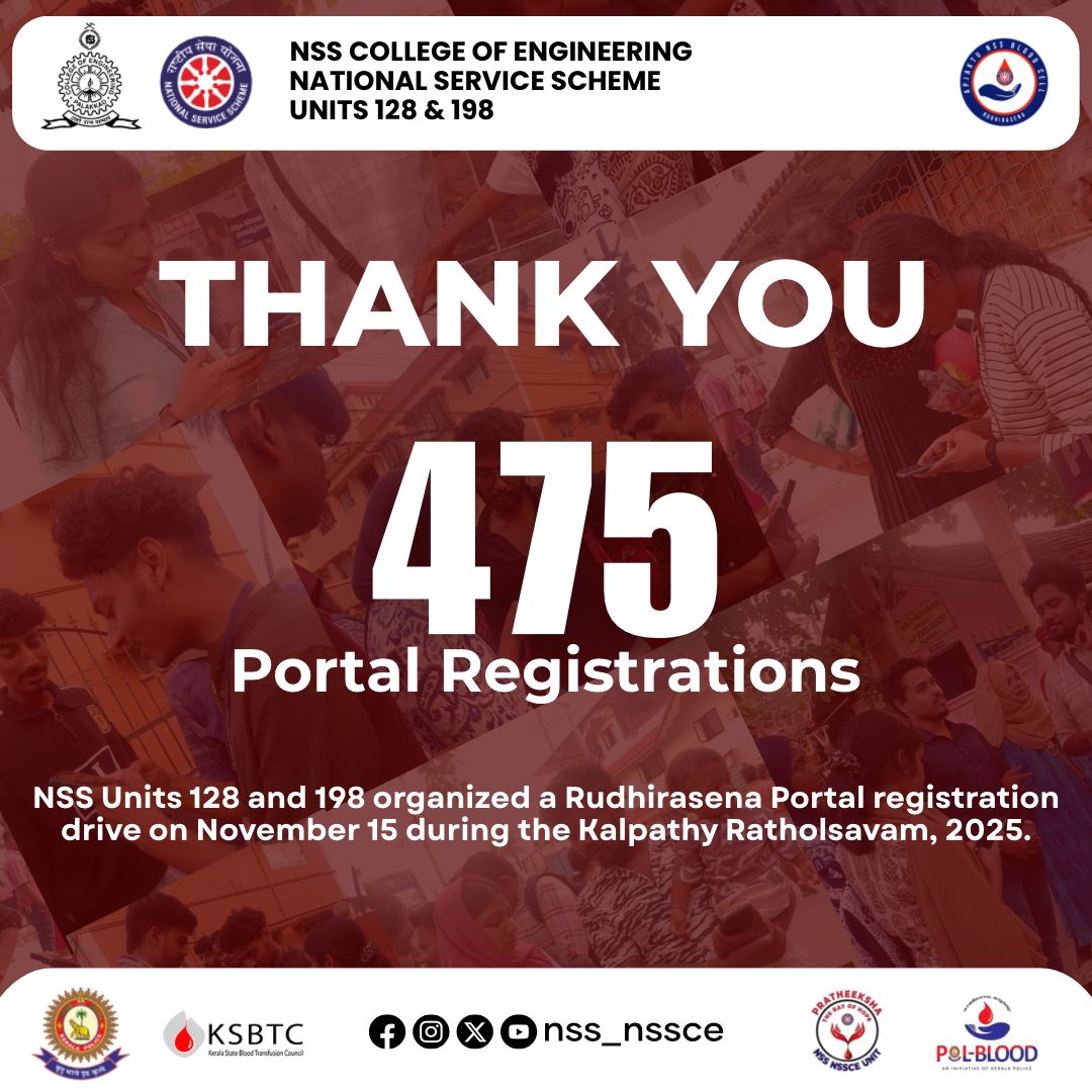 nssnssce's tweet image. NOT ME BUT YOU ✨

Volunteers of NSS  NSSCE organized a Blood Donor Registration Drive under the subunit Pratheeksha, during the Kalpathy Ratholsavam 2025. 

The initiative received an overwhelming response, with nearly 475 new donors joining the Rudhirasena Portal registry.