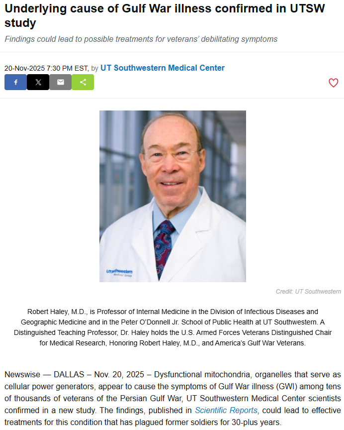 TomKindlon's tweet photo. US press release:
"Underlying cause of Gulf War illness confirmed in UTSW study"
"Dysfunctional mitochondria, organelles that serve as cellular power generators, appear to cause the symptoms of Gulf War illness (#GWI)"
https://t.co/Kbv1xwSU00
Full paper:
https://t.co/kwr8jcgTxO https://t.co/EJtD9jfOco