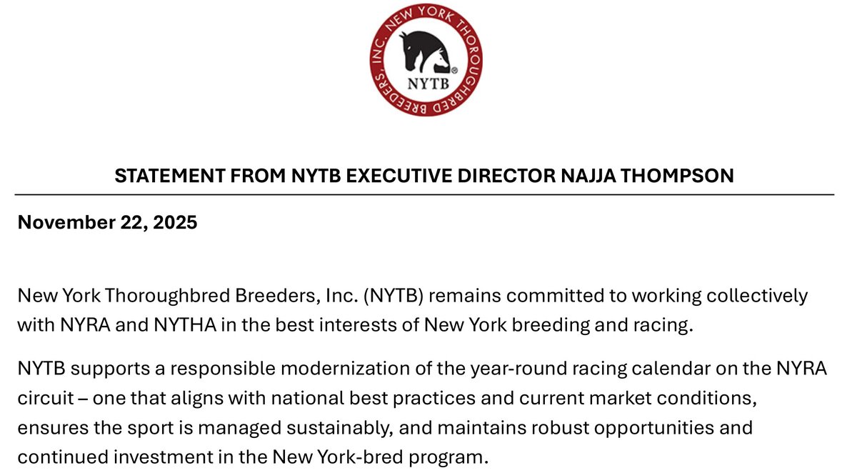 nytbreeders's tweet image. NYTB is committed to working with @TheNYRA and @NewYorkTHA in the best interests of the state&apos;s breeding and racing programs. See @1000Naj&apos;s full statement: