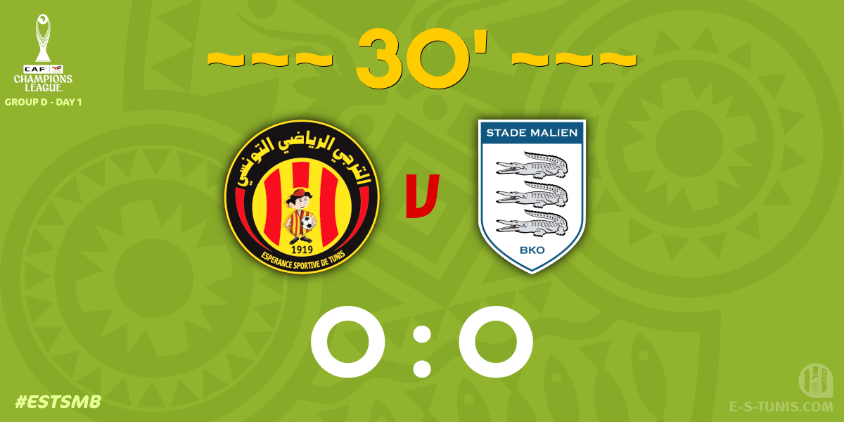 ESTuniscom's tweet photo. ⏱ 30' | #TotalEnergiesCAFCL Gr D. Day 1 #ESTSMB | 🇹🇳@ESTuniscom 0⃣-0⃣ @blancsdebamako🇲🇱 : Score reminder / تذكير بالنتيجة / Rappel du score https://t.co/xuJqIqrtyk