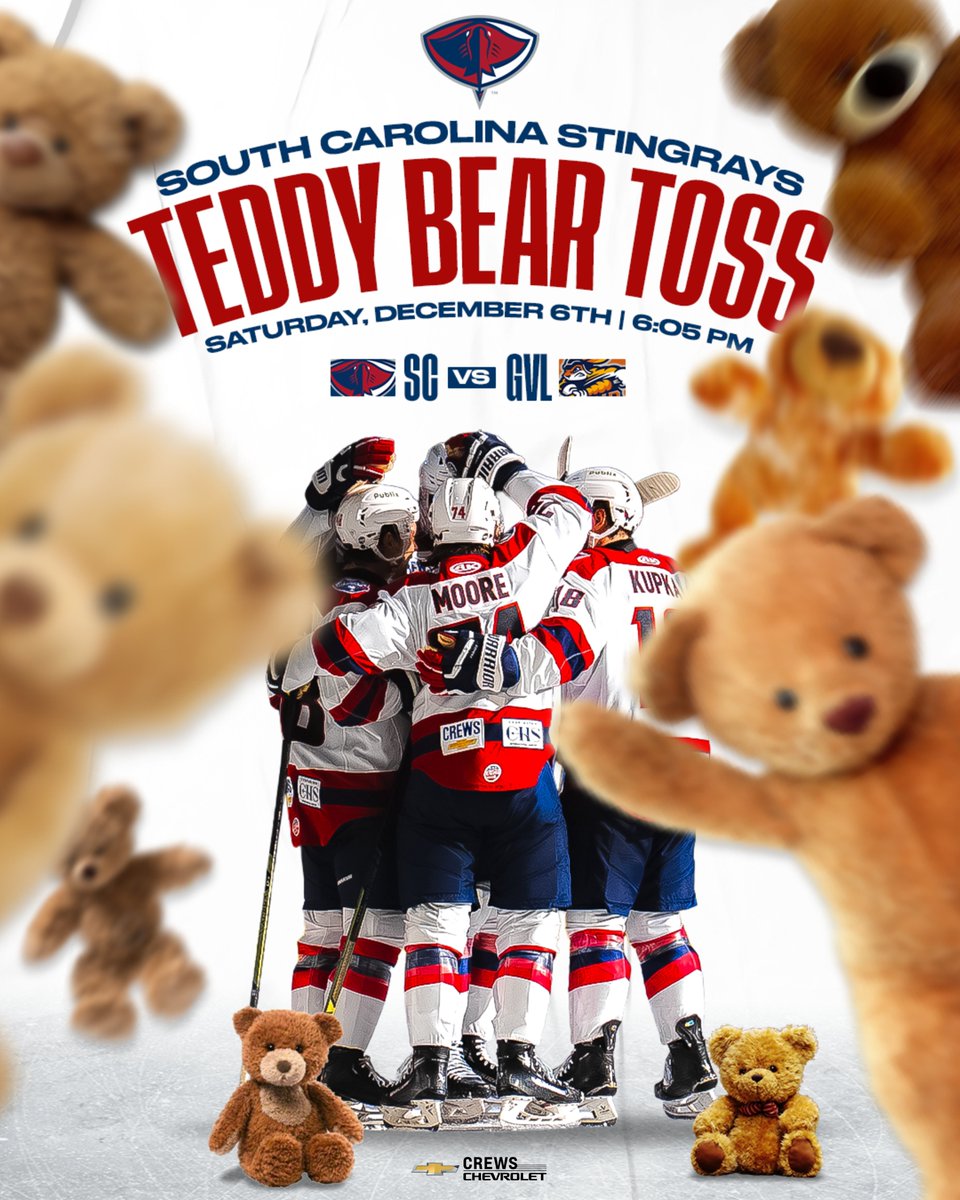 SCStingrays's tweet image. TEDDY BEARS… ASSEMBLE 🧸

Our annual Teddy Bear Toss Night, presented by @CrewsChevrolet, hits the ice on Saturday, December 6 at 6:05 PM. Every bear thrown will be donated to local organizations across the Lowcountry to support families in need. Bring your bears, make an…