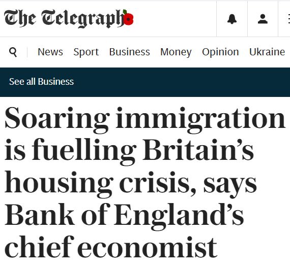 LNallalingham's tweet image. So the Bank of England’s chief economist has finally said what every normal person has known for years.

You can’t add record-breaking immigration to a country that already can’t house its own people and then act shocked when rents explode and young Brits can’t afford a home.…
