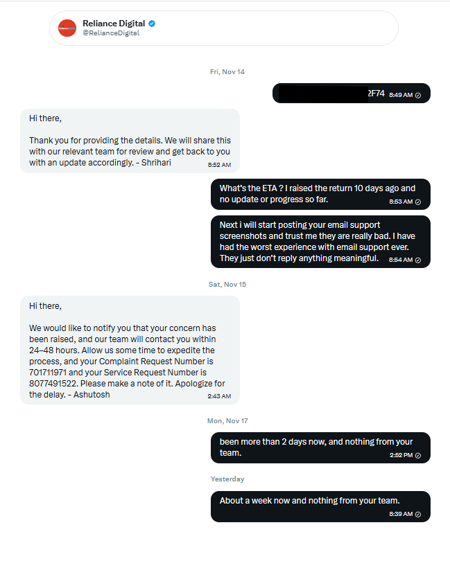 TylerDu30233995's tweet photo. @RelianceDigital @RelianceDigital it's been 20 days since the return request, after multiple follow ups still nothing from your end. There is no other way but to go to consumer forum.
#RelianceScam
Tried email support, call center, X dm everywhere same thing. No answers at all! https://t.co/l4y5x2eWwD