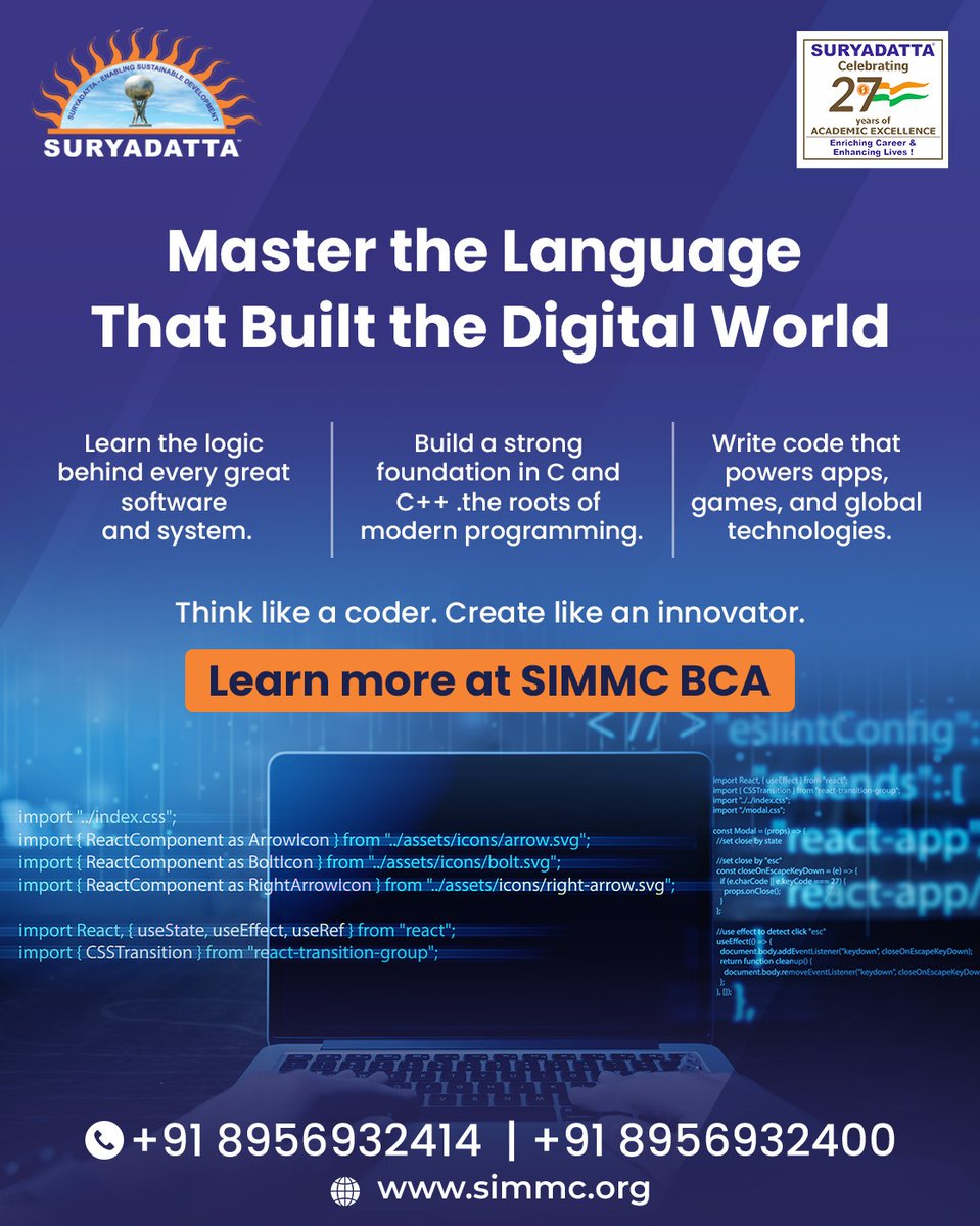 Suryadatta_Pune's tweet image. Master the language that built the digital world! 🌐💻 Build a strong foundation in C and C++—the roots of modern programming. Learn the logic behind every great software, write code that powers global technologies, and think like a coder. 
#SIMMCBCA #CodeLife #CPlusPlus
