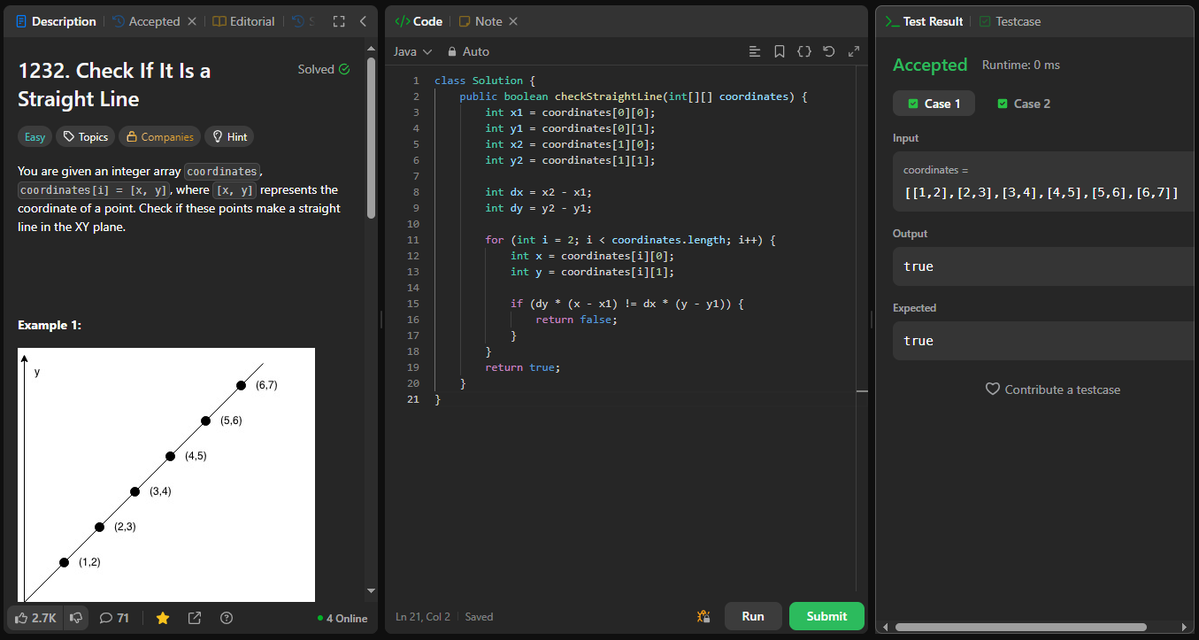 coder_s_Snippet's tweet image. #DailyCodingChallenge
Day 251
Task: Determine whether all given points lie on the same straight line in the 2D plane.
Solution: Compute the slope using the first two points, then check every other point using cross-multiplication to ensure all slopes match.
#LeetCode