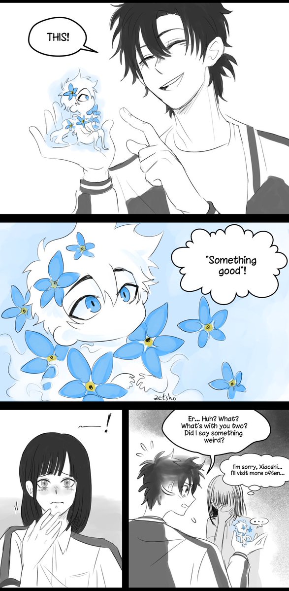 z3tina's tweet image. Flower-fairy Lu Guang getting introduced to Qiao Ling. She thought Xiaoshi made up a friend cuz he was lonely to the point of delulu. #LinkClick