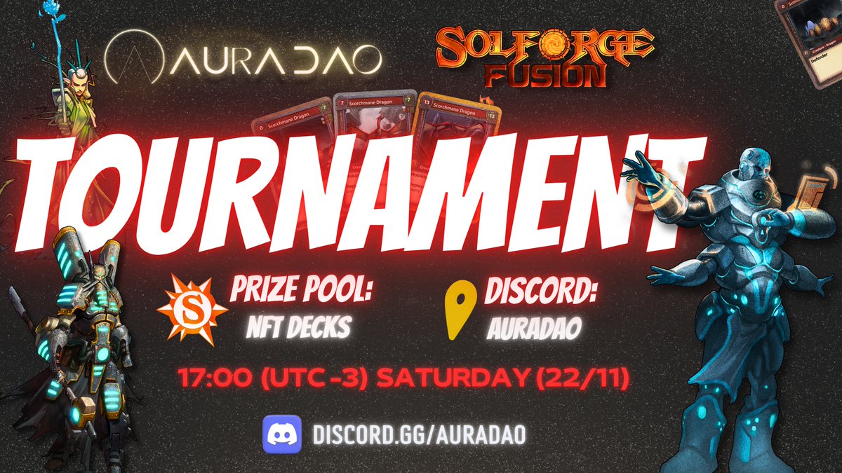 AURA SFCS – Qualifier #3 (Final Qualifier of the Month)

🗓️ Date: Saturday, November 22
🕓 Time: 5:00 PM (UTC-3)
📍 Location: discord.gg/AuraDAO

Rewards:
➤ Free NFT deck for everyone who completes 3 matches
➤ Booster boxes for Top 8 players
➤ Golden Cards can reach up to