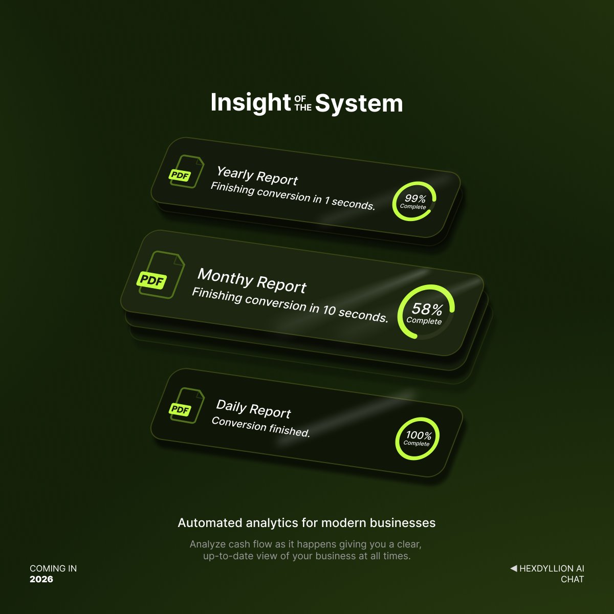 Hexdyllion's tweet photo. Instant insights, automated analytics, and real-time reports, effortless clarity. 

A modern workflow that makes data simple. 
Coming in 2026. 

#Hexdyllion #BusinessAutomation #AIforBusiness #WorkforceAI #DocsAI #TimeIsMoney #AuditReady #EUData #Productivity #MinimalDesign https://t.co/DXE7GRDz8r
