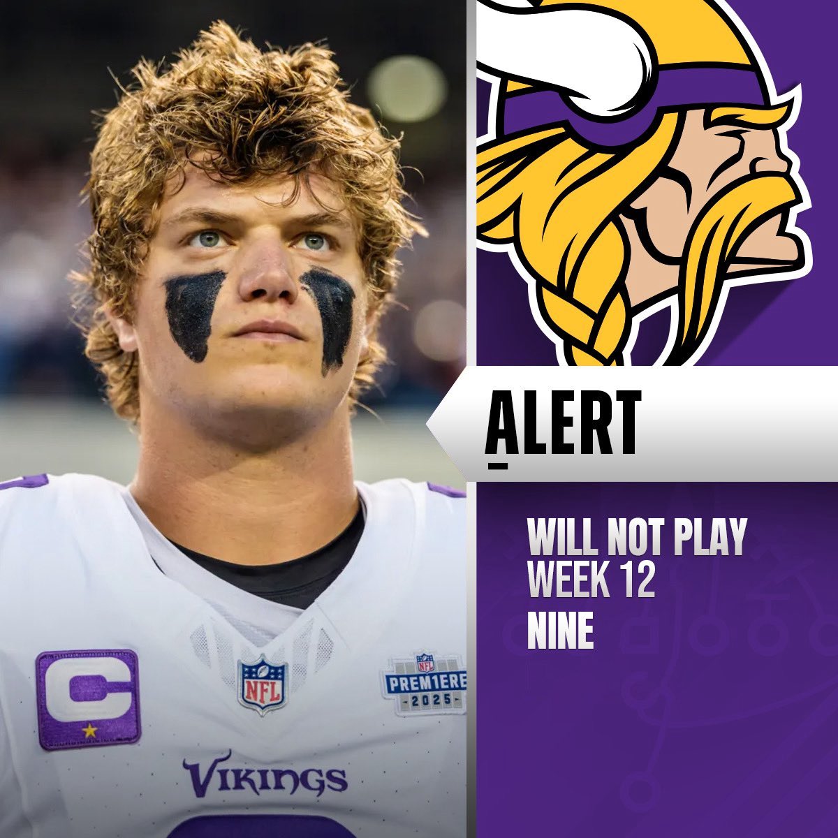 TheNFLDrop's tweet photo. Vikings rule out QB “Nine” (ass) for Sunday.

Backup QB J.J. McCarthy will start Week 12. https://t.co/UBMFqHgaTH