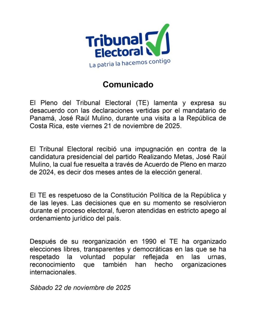 Tribunal Electoral expresa su desacuerdo con las declaraciones emitidas por el presidente José Raúl Mulino en Costa Rica.