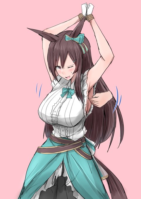 お題の頭の後ろでバンザイの手首拘束状態で腋の下をくすぐられてる勝負服姿のメジロドーベルちゃんです 