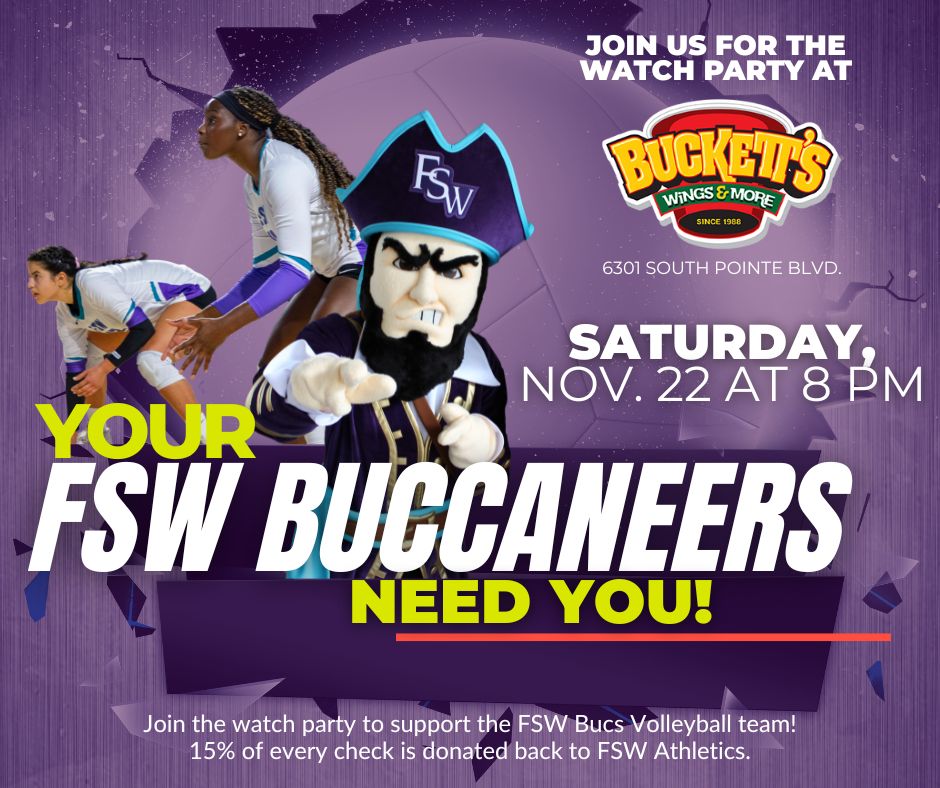FSWBucs's tweet image. Bucs fans, head over to Buckett&apos;s tonight at 8 and cheer on the team with fellow FSW fans at their official National Championship Game Watch Party! Grab a bite to eat and drink and 15% of your check will go directly back to FSW Athletics.