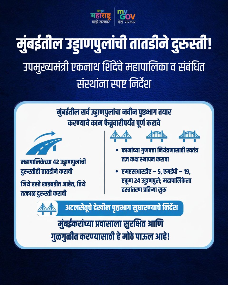 MahaMyGov's tweet image. मुंबईच्या उड्डाणपुलांना नवा वेग, नवं रूप!

सुरक्षित प्रवासासाठी उपमुख्यमंत्री एकनाथ शिंदेंचे तातडीचे निर्देश

#mumbaiflyovers #infrastructureupgrade #urbandevelopment #mumbaiupdates