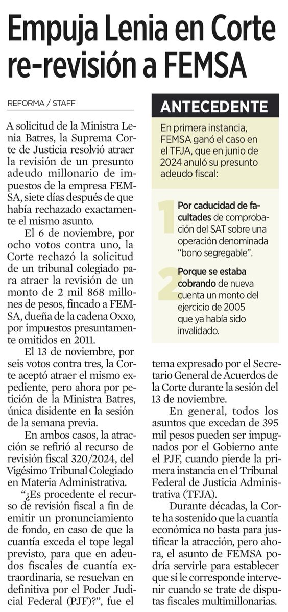 El abuso normalizado 

La SCJN de la trampa convertida en tribunal de la persecución 

Ahora van contra FEMSA

Lenia Batres se va contra la empresa, que genera miles de empleos, a pesar de que hace 7 días la propia Corte había rechazado exactamente el mismo asunto