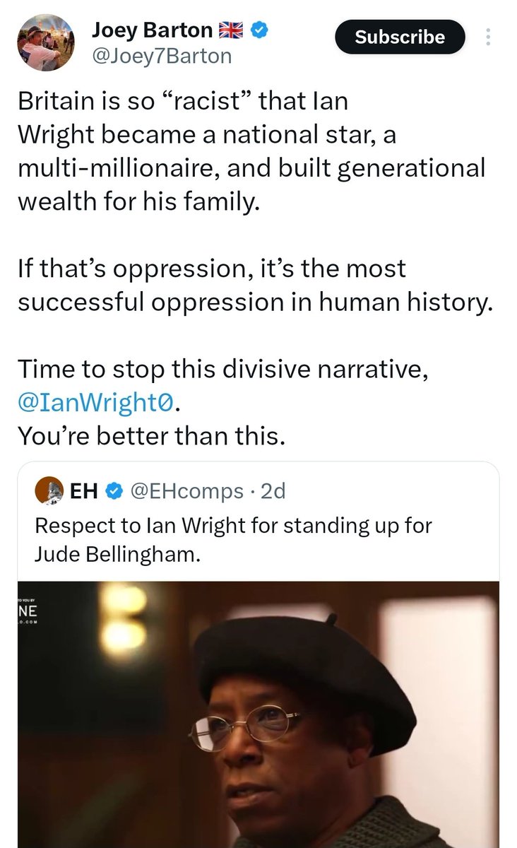 When people like <a href="/joeybarton/">Joey Barton</a> say 
“Ian Wright became a national star… multi-millionaire… built generational wealth-how can this be racism??!?" 
he’s basically saying:

“You’ve been allowed to succeed.
So stop complaining.”
Because every time a Black or Brown person achieves