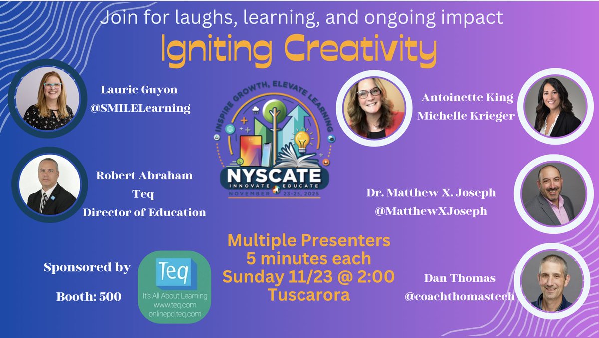 Really excited for the session tomorrow at <a href="/NYSCATE/">NYSCATE 💡💻</a> 
Ignite Creativity
Join for laughs, learning, and ongoing impact
Multiple Presenters
5 minutes each
Sunday 11/23 @ 2:00
Tuscarora
#NYSCATE #NYSCATE25