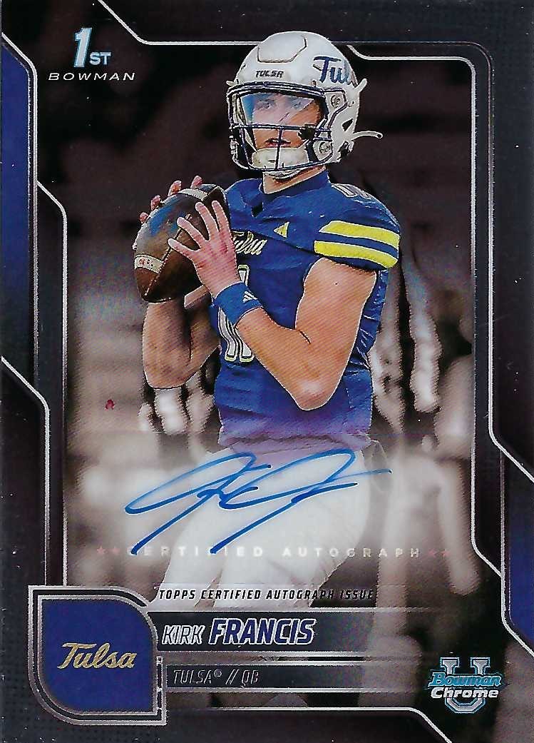 boninsportscard's tweet image. added to our collection - 2025 Bowman University Chrome Chrome Prospect Autographs BCA-KFR Kirk Francis. Pulled from a box of 2025 Bowman Chrome University.  

#autograph #autographcollection #bowmanchromeuniversity #NCAA #kirkfrancis #tulsahurricanes #BoninSportsCards…