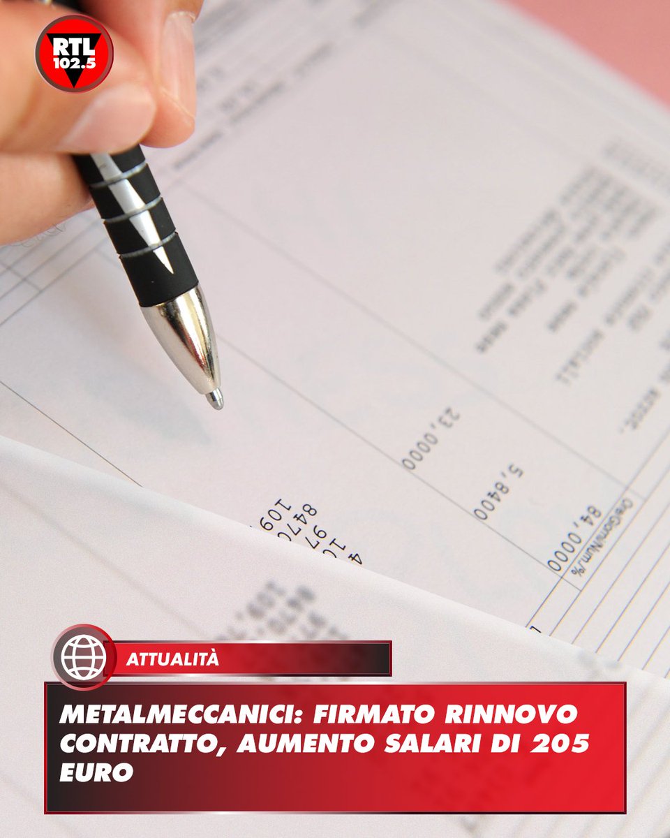 rtl1025's tweet image. 📌 E&apos; stato firmato il rinnovo del contratto collettivo nazionale dei metalmeccanici: #Fiom, #Fim e #Uilm e Fedemerccanica-Assistal hanno trovato un&apos;intesa dopo il rush finale iniziato il 19 novembre. Tra i punti principali, un aumento salariale medio complessivo di 205,32 euro,…