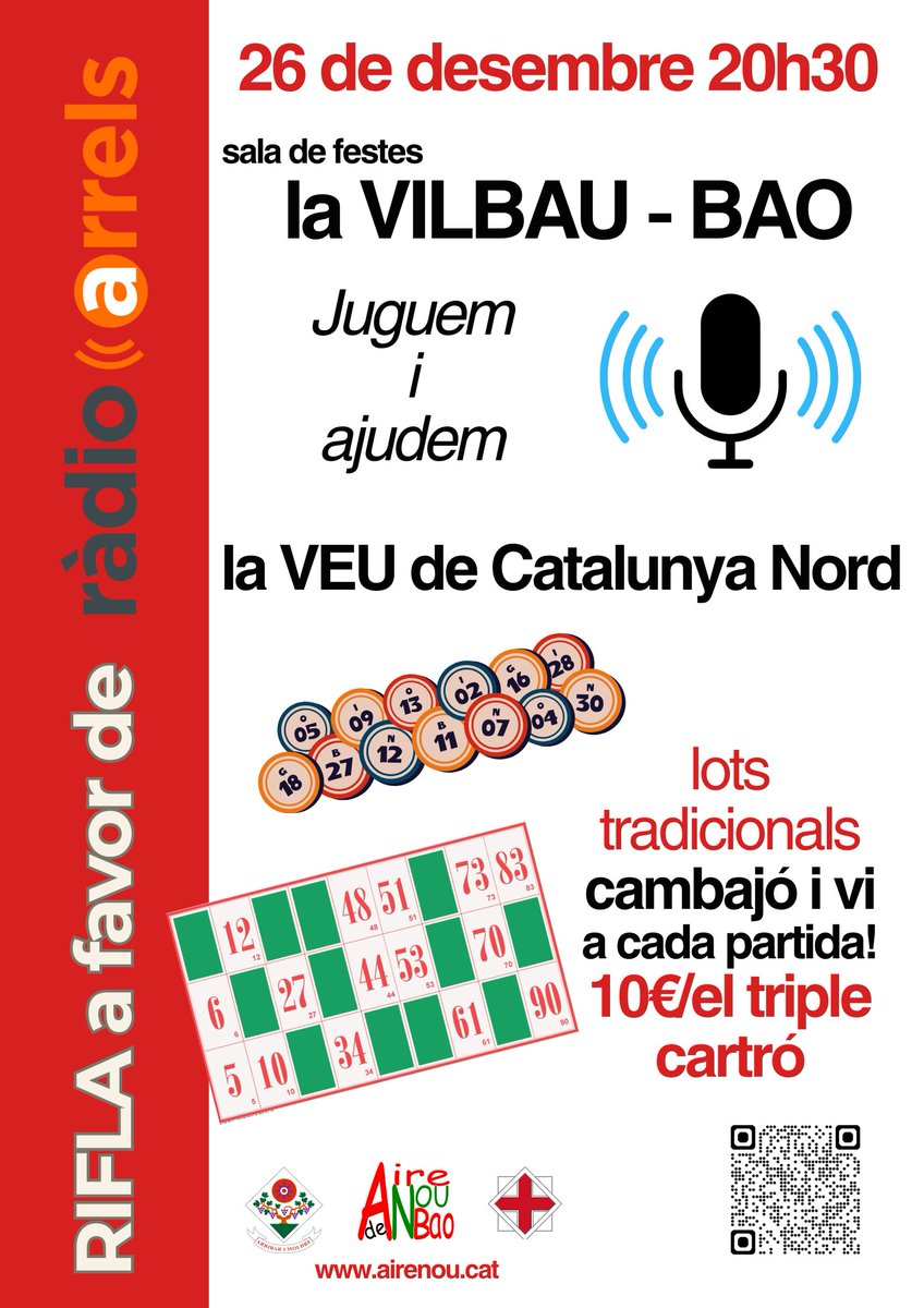 Cada any el 26 de desembre <a href="/airenou/">Aire Nou de Bao</a> organitza una rifla, enguany els beneficis seran donat a la Veu de Catalunya Nord airenou.cat/?view=article&…
Fem la més forta, més viva, fem-la viure!
<a href="/RadioArrels/">Ràdio ARRELS</a>