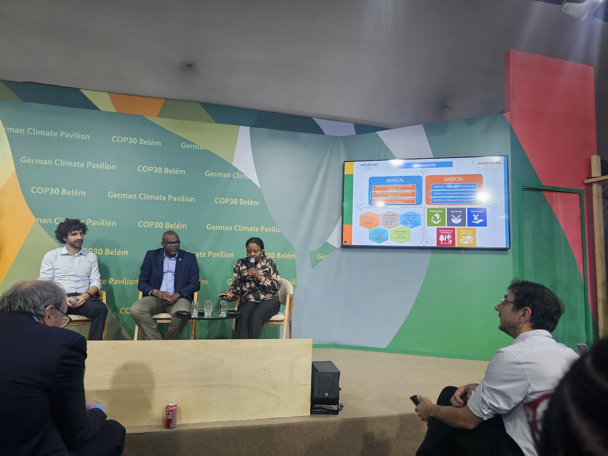SASSCAL_ORG's tweet image. 🤝🌏Joint Panel Moments at COP30
At the German Pavilion during the ongoing COP30 Conference, SASSCAL, represented by its Executive Director, joined hands with the Executive Director of WASCAL to discuss climate change programmes and activities happening across their member states