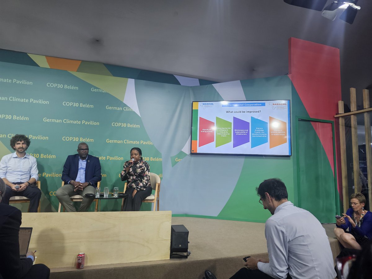 SASSCAL_ORG's tweet image. 🤝🌏Joint Panel Moments at COP30
At the German Pavilion during the ongoing COP30 Conference, SASSCAL, represented by its Executive Director, joined hands with the Executive Director of WASCAL to discuss climate change programmes and activities happening across their member states