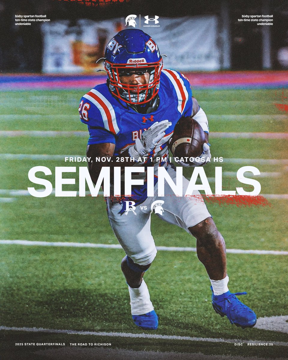 The stage is set for a semifinal showdown with the Tigers.

🆚 Semifinals vs Broken Arrow
📍 Frank McNabb Field at Catoosa HS
📆 Friday, November 28th at 1:00 pm
🔗 Ticket and streaming info coming soon

#BixbySpartans | #Undeniable