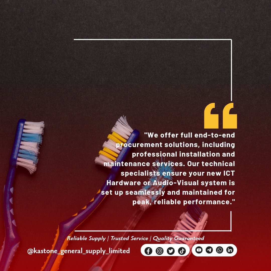 Kastonedigital's tweet image. We offer full end-to-end procurement solutions, including professional installation and maintenance services. Our technical specialists ensure your new ICT Hardware or Audio-Visual
🏷️  #TechnicalSupport #InstallationService #FullServicePartner #ICTSolutions #KastoneGeneralSupply
