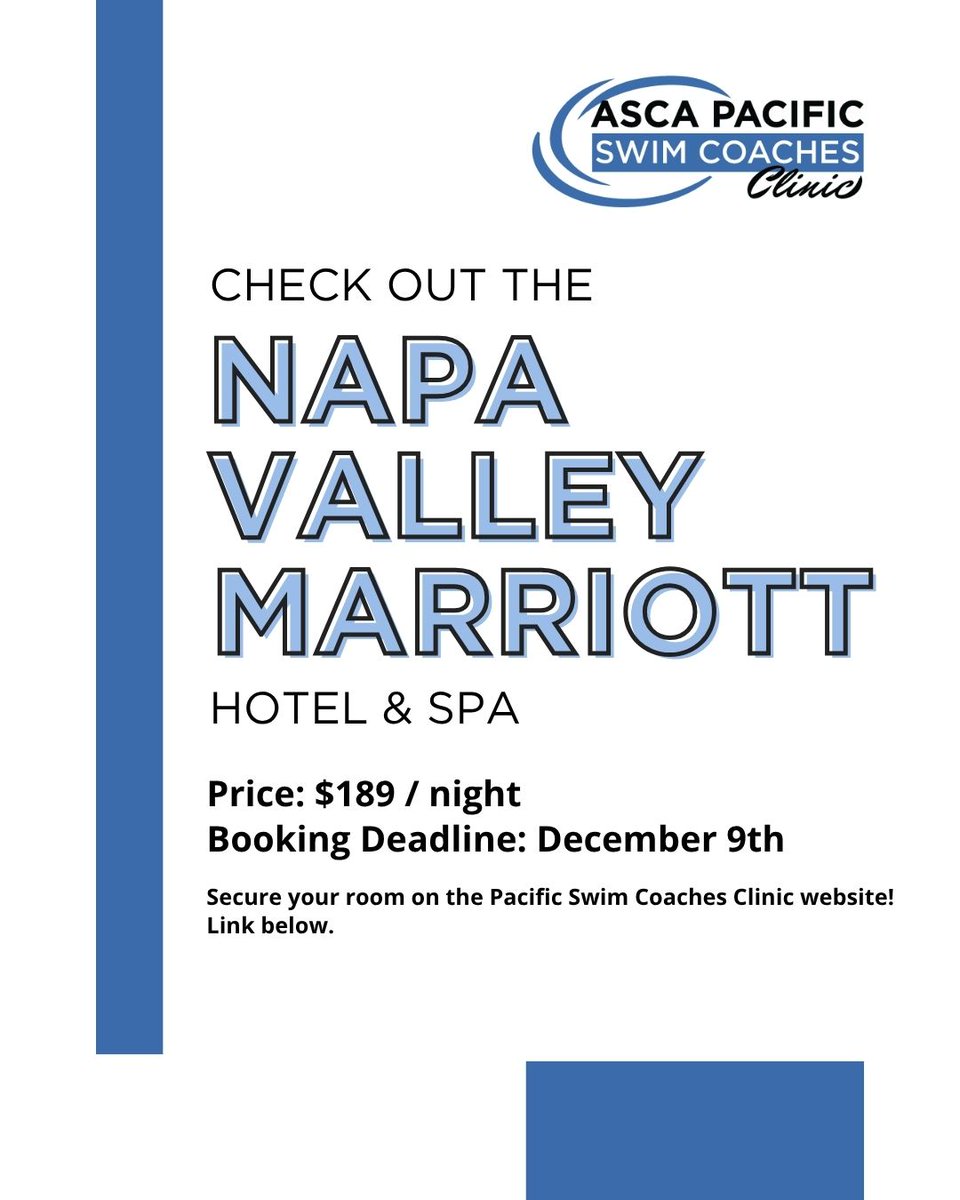 ASCAswim's tweet image. The hotel booking deadline for the 2026 Pacific Swim Coaches Clinic ends soon! Book your room today at:
ow.ly/itXE50XtyF7

#ASCA #PSCC #SwimCoach #Clinics #Learn #Swim