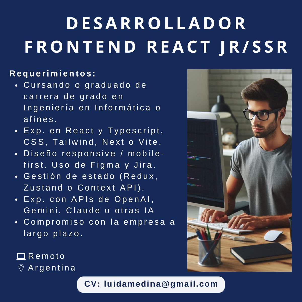 Luida_Medina's tweet image. 📢 Oportunidad Laboral ¡#Argentina!
Si te gustan los desafíos, el diseño, los detalles y querés trabajar con IA, ¡esta oportunidad es para vos!
🗣️ Inglés básico
#ReactDeveloper #Frontend #Programación #IA #TrabajoRemoto #Nextjs #Typescript #Tailwind #TechJobs #Hiring