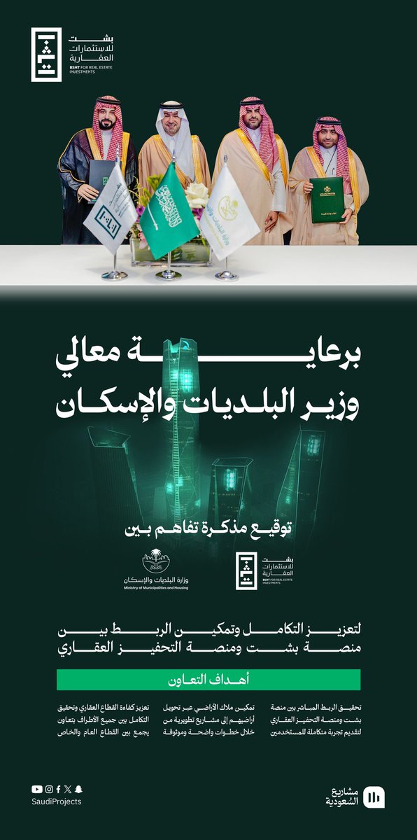 في منصة بشت نعمل على بناء نموذج فعّال لتكامل الخدمات بين القطاعين العام والخاص، ولذلك وقّعنا ـ بفضل الله ـ مذكرة تفاهم مع وزارة البلديات والإسكان، لتعزيز رحلة تطوير الأراضي وتمكين ملاك الأصول من الاستفادة القصوى من أراضيهم.

برعاية معالي الوزير ماجد الحقيل <a href="/majedhogail/">ماجد الحقيل</a>

ومن خلال